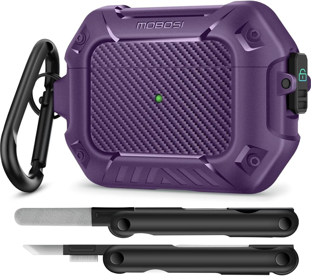 MOBOSI for AirPod Pro Case with Cleaner Kit, Compatible with Airpods Pro 2 Case Cover 1st/2nd Generation with Lock & Keychain, Full Body Shockproof Protective Case (2023/2022/2019), Purple