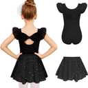 Zaclotre Girls Ballet Leotards Toddler Ruffle Sleeve Bow Back Dance Outfits Leotard with Removable Shinny Skirt Combo (8-9 Years, Black)