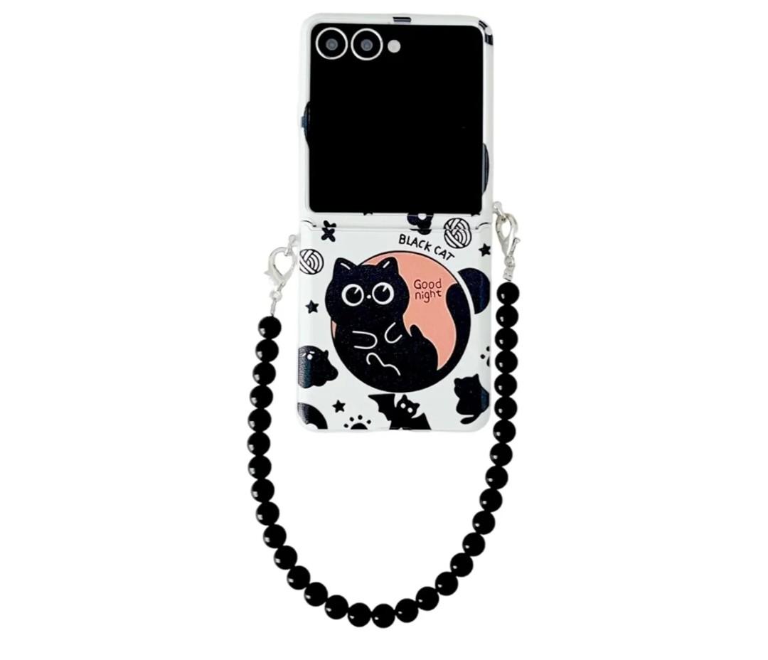 Cute Case for Samsung Galaxy Z Flip 7, Black Cat Pattern Flip 7 Phone Case, Fold Phone Cover for Women Ladies Girls (with Chain)