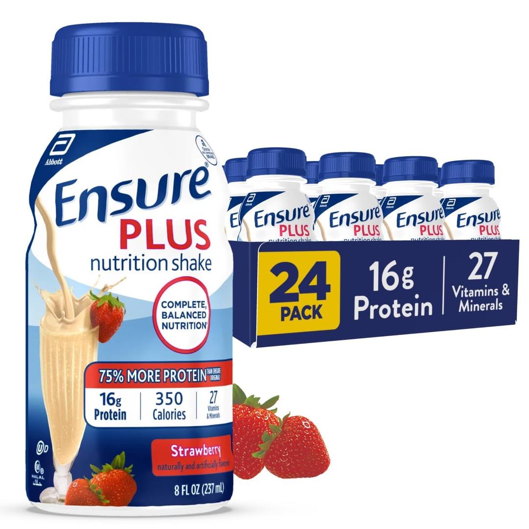 Ensure Plus Strawberry Nutrition Shake, 24 Pack | Meal Replacement Nutritional Drinks with 27 Vitamins & Minerals, 350 Calories, Clinically Proven to Help Adults Gain Weight BBD: 04-01-27