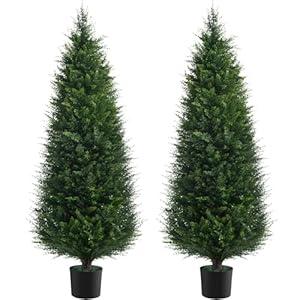 Chillchard Two 5ft Artificial Plants Topairy Faux Cedar Trees for Outdoor Planters, 60IN Tall Fake Pine Bushes UV Resistant Large Potted Shrubs for Front Porch Décor
