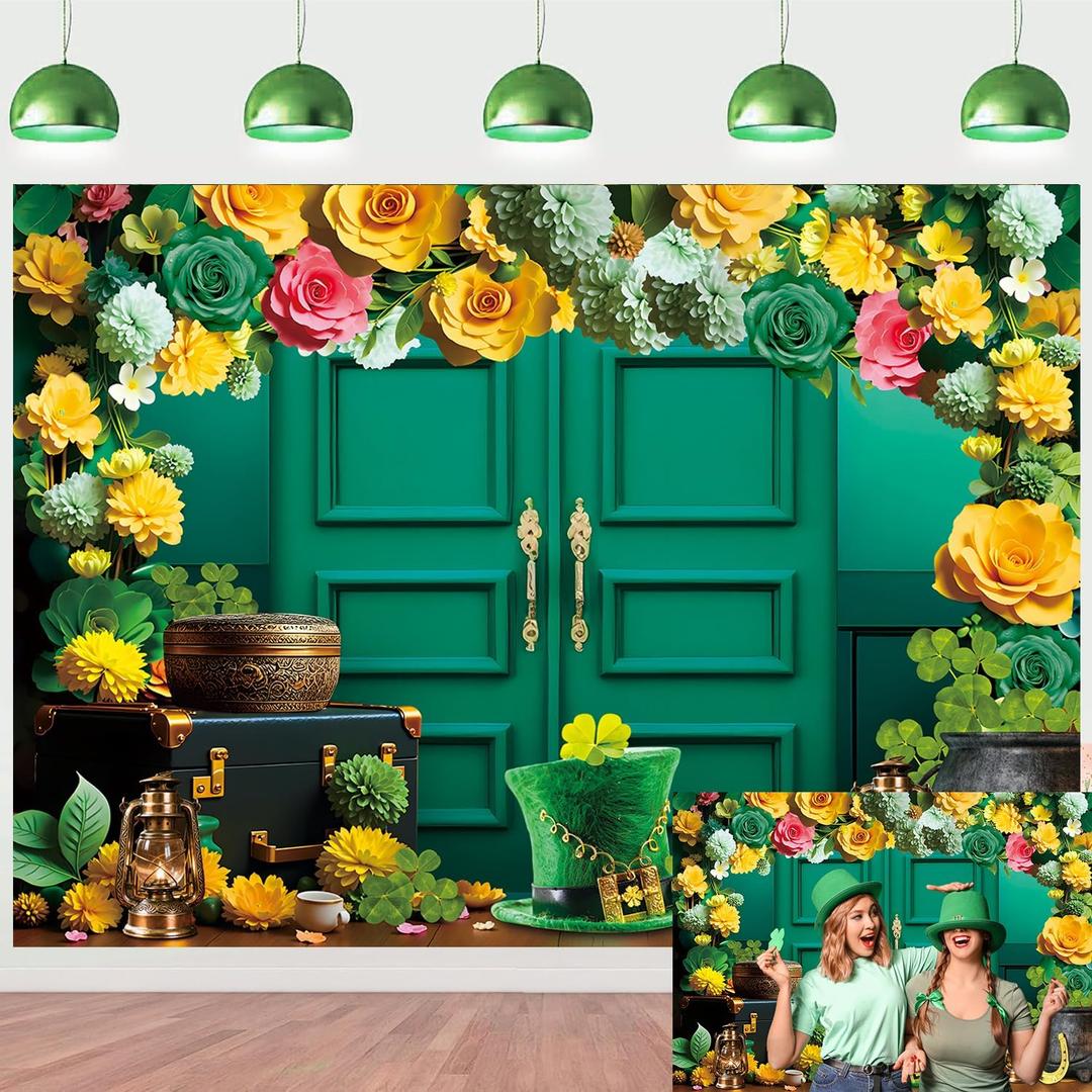 XCKALI Happy St. Patrick's Day Backdrop Green Door Hat Lucky Shamrock Photography Background Spring Irish St. Patrick's Day Party Decoration (8x6ft)