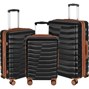 Lightweight Luggage with Spinner Wheels & YKK Zipper, 3-Piece Suitcase ABS+PC Hardside Hard Shell Luggage Set with TSA Lock, Black & Brown (20+24+28 inch)