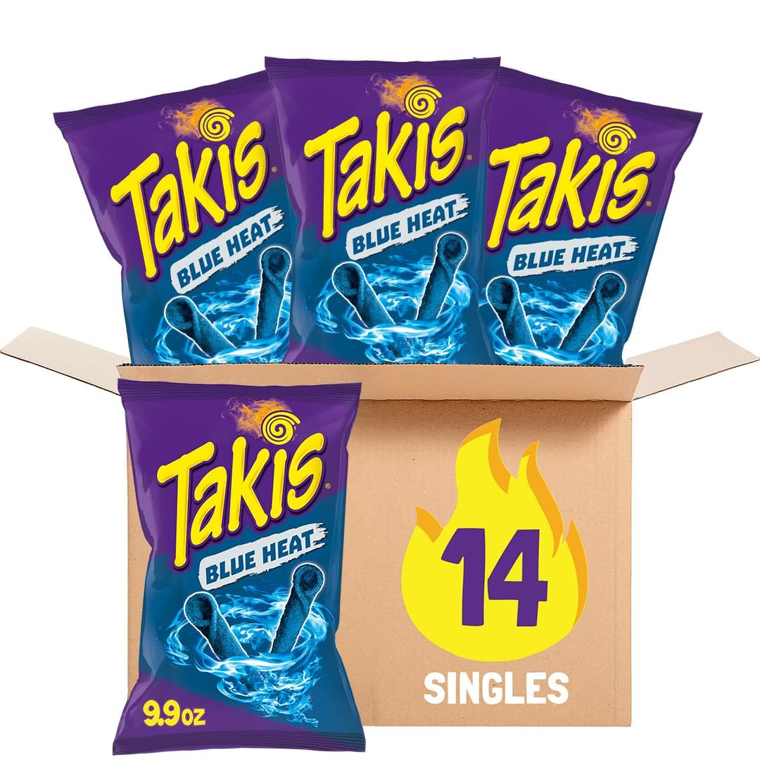 Takis Blue Heat Rolled Tortilla Chips, Hot Chili Pepper Flavored, Multipack Box with 14 Bags of 9.9 Ounces