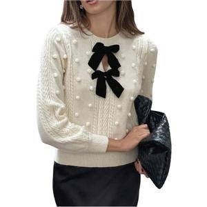 MakeMeChic Women's Bow Crew Neck Sweater Long Sleeve Pom Pom Cute Pullover Tops (Large, Apricot)