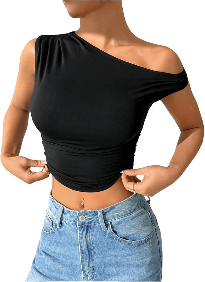 SHENHE Women's Summer One Shoulder Sleeveless Cropped Top Casual Asymmetrical Crop Tank Top (Black,Small)