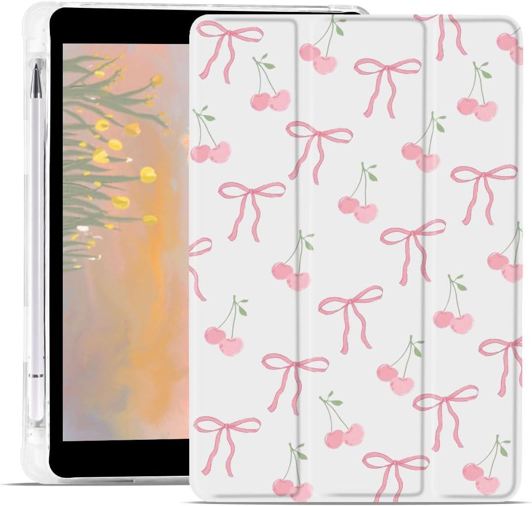 JOYLAND Cute Cherry Bowknot Case for iPad 9th/7th/8th Generation (2021/2020/2019) 10.2 Inch with Pencil Holder Lovely Bow Preppy White Girly Cover Auto Wake/Sleep Foldable Shockproof Case