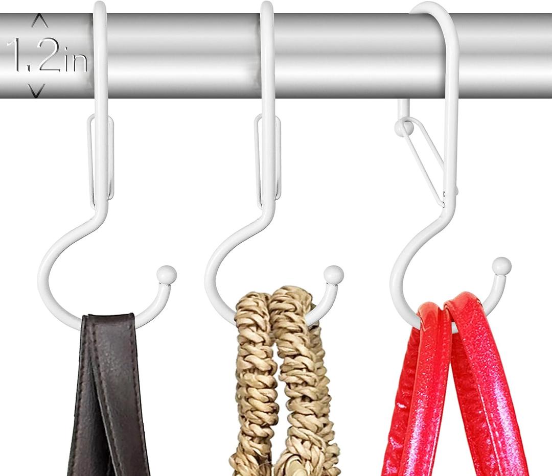 6 Purse Hanger for Closet. Tote Hanger. S-Shaped Hooks S Hooks Twist Design. Anti Drop S-Shaped Hook for Hanging Handbags with Safety Buckle to Prevent Falls. Heavy Duty. (White, Twisted)