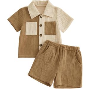 Baby Boys Summer Outfit Color Blocking Button Down Shirts + Shorts Cotton Gauze 2PCS Toddler Clothes Set with Pockets, (Khaki, 6-12 Months)