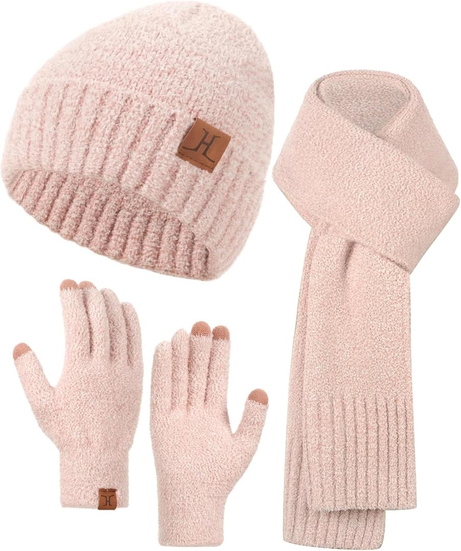 Hat Scarf And Gloves For Women, Winter Hats Womens Beanie Scarf Cold Weather Touchscreen Gloves Gift Set, Fall Accessories (Pink)