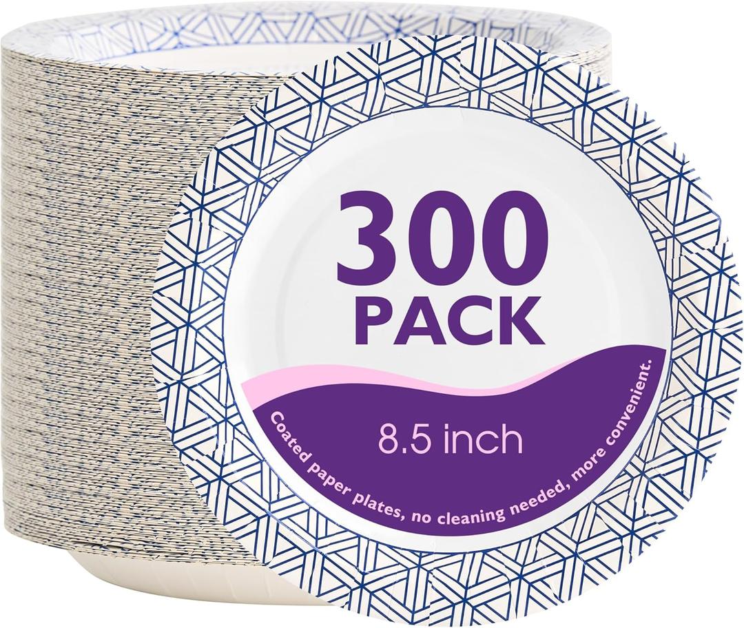 Disposable Paper Plates 8.5 Inch 300 Count, Soak Proof and Cut Resistant Heavy Duty Paper Plates Bulk for Parties, Picnics, Camping, and Everyday Meals (Blue)