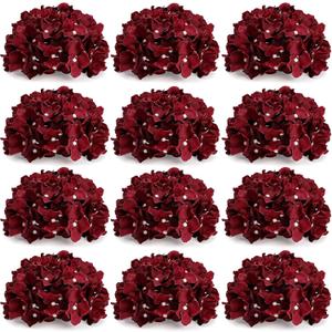 Hydrangea Flower Balls for Centerpieces - 12 PCS Artificial Floral Arrangement with Base, 8.27 Inch Diameter Fake Silk Kissing Ball for Wedding Table Home Party Decor - Burgundy