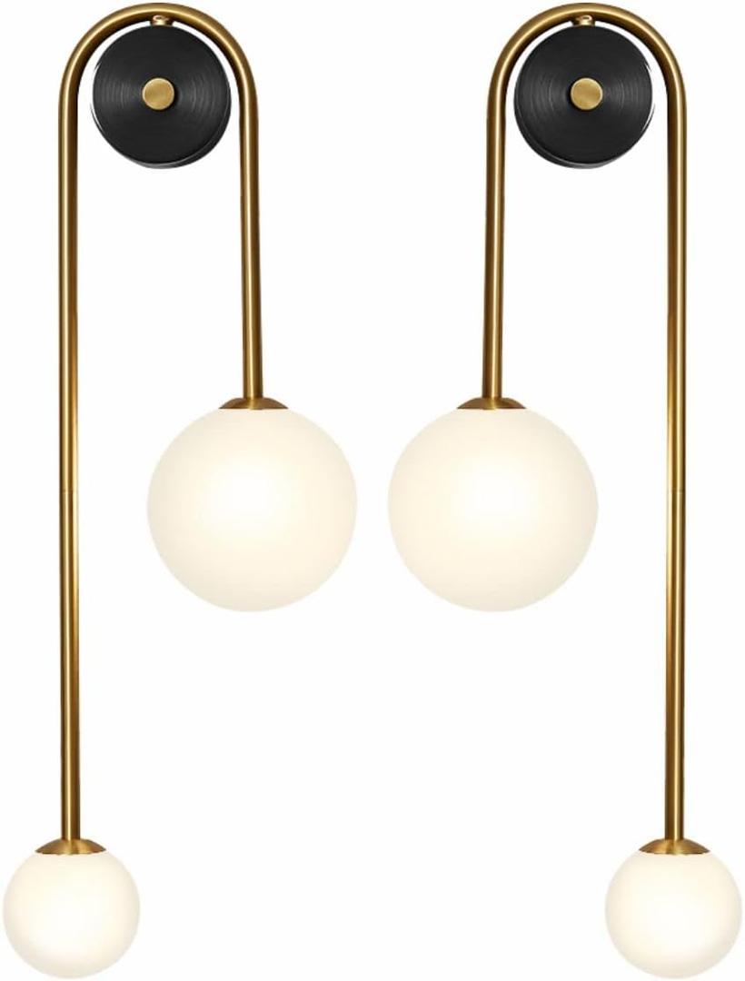 Globe Glass Wall Sconce Lighting 2-Lights Gold Modern Brushed Brass Wall Mount Light Mid Century Beside Wall Lamp with Glass Shade for Loft Living Room Bedroom (2 Pack)