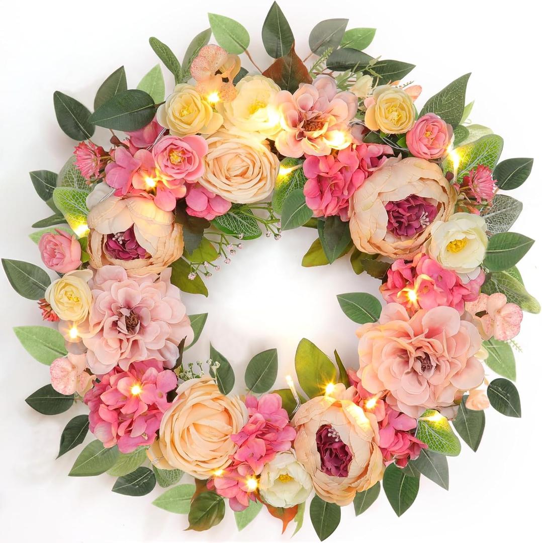 [Lighted & Timer] 22" Spring Summer Wreaths for Front Door Peony Wreath with Lights Pink Silk Flower Hydrangea Rose Green Leaves Floral Wreath for Home Wall Window Wedding Party Indoor Outdoor Decor,
Green Pink White