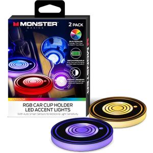 Monster Multicolor LED Cup Holder Lights, 2-Pack of Smart Color Changing Car Coasters, Motion Detecting Xtreme Smart Sensors, On by Night/Off by Day,Rechargeable,15 Days of Power with 2 Hours Charge