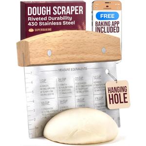 Superbaking Dough Scraper - 6" Wooden Bench Scraper - Dough Cutter with Ruler - Pastry & Cake Scraper - Kitchen Tools Sourdough Baking Supplies - Bread Making Tools & Accessories for Home Bakers