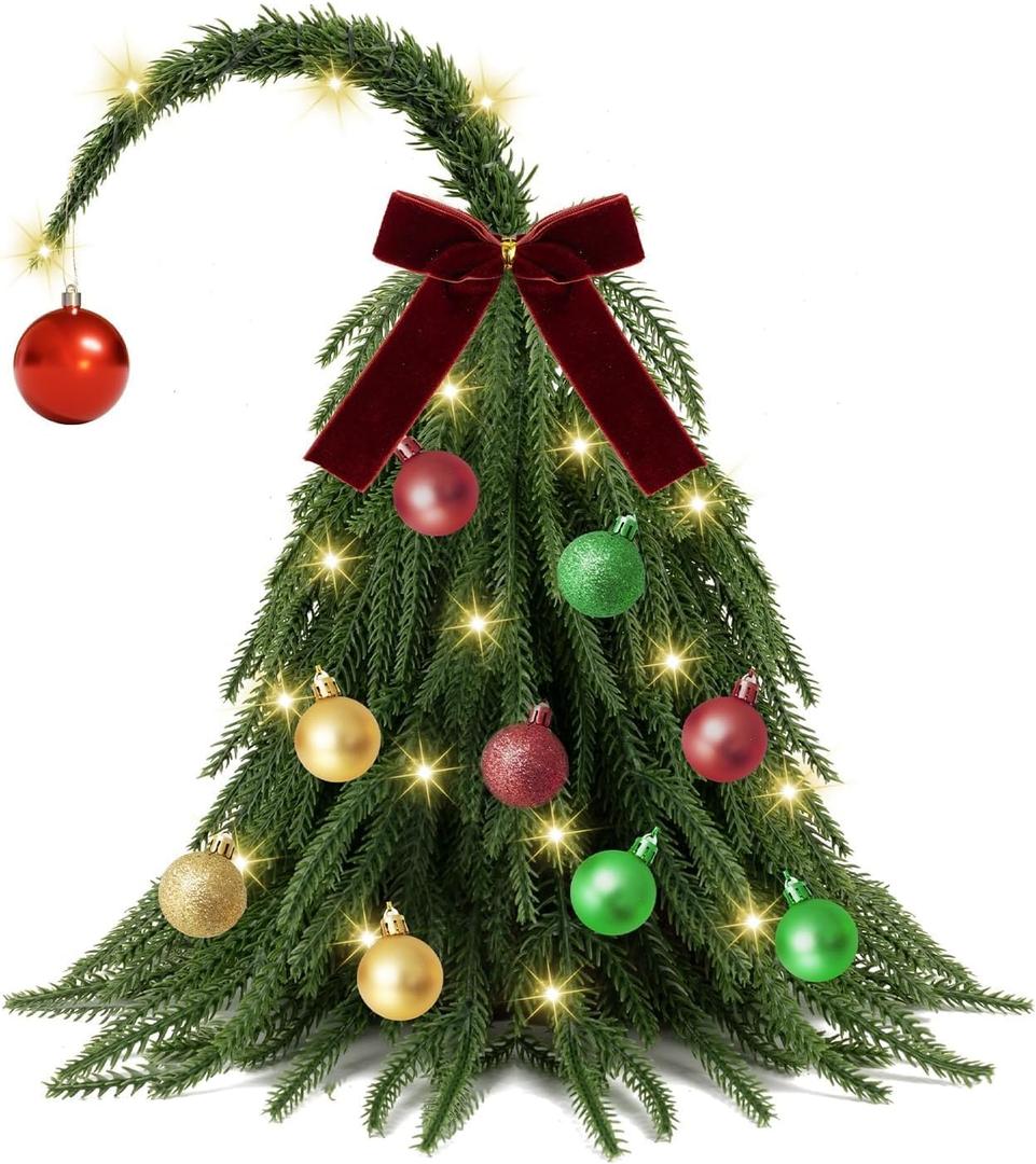 MACTING Norfolk Pine Christmas Tree with 40 Lights & Hanging Ornaments 12 INCH Whimsical Small Table Top Tree Mini Bendable Curved Tree for Fireplace Desktop Office Party Indoor Xmas Decorations