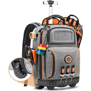 Backpack Tool Bag with Wheel, Rolling Tool Backpack for Electrician Heavy Duty Roller Tool Bag on Wheel for Construction Work, 75 Pockets & Loops Tool Backpack with Molded Base and Lock - Grey