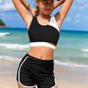NECIOUS Girls Swimsuit Bikini Set, 3 Piece Girl Bathing Suits Color Block Cutout Swimwear with Shorts Size 15 Size 16 Black