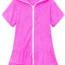 LUCKYGAL Girls Swim Cover Up Kids Swimsuit Coverup Terry Zip-Up Beach Bathing Suit Wraps with Sunglasses (4-5T, Rose Red)