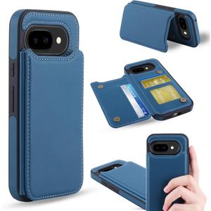 ASAPDOS for Google Pixel 9a Case with Card Holder,PU Leather Shockproof Flip Case with RFID Blocking Card Holder and Kickstand for Men Women Blue