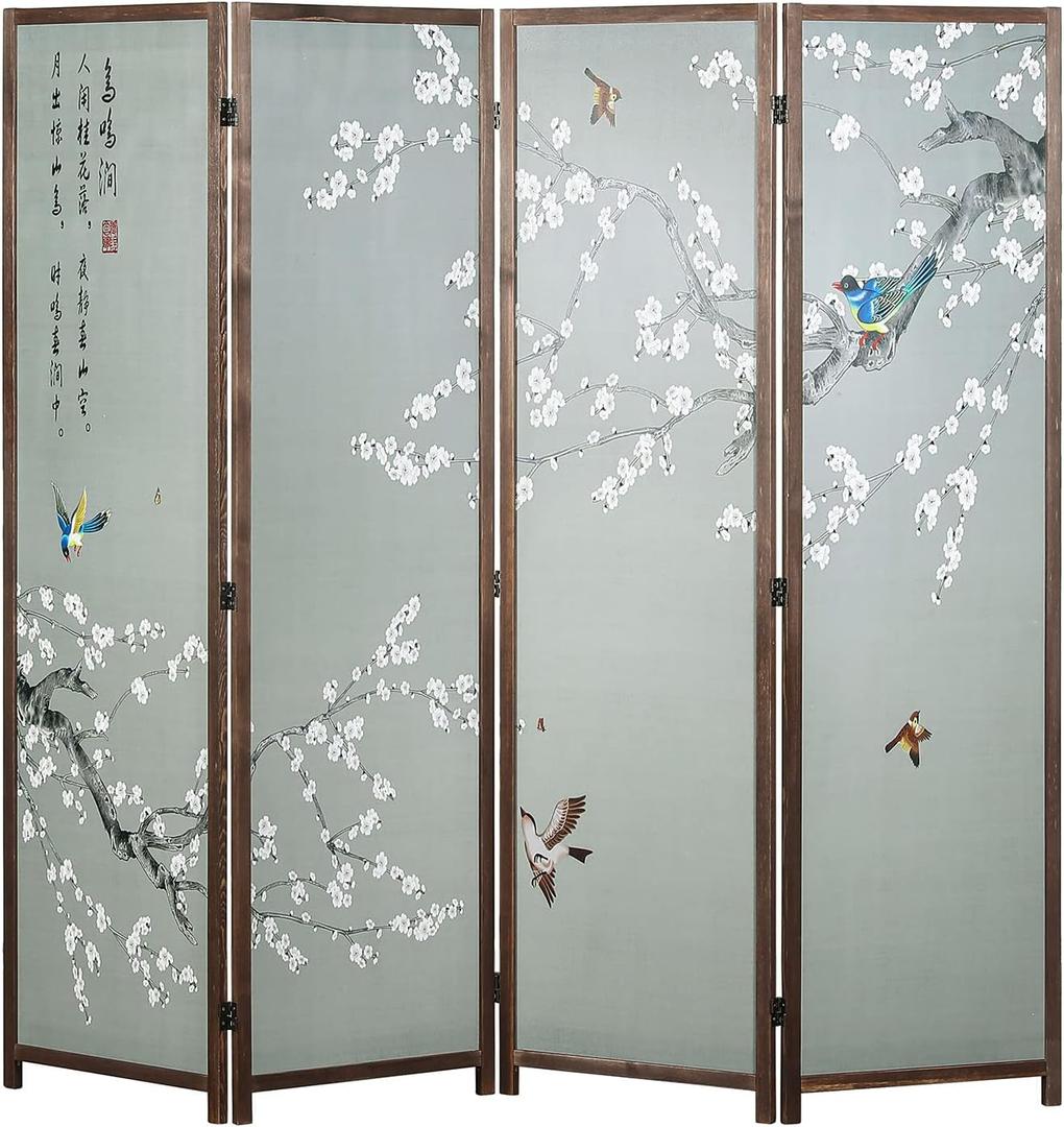 MyGift 4-Panel Asian-Inspired Folding Room Divider with Cherry Blossom Tree & Bird Design Poetry Calligraphy and Brown Wooden Frame 78''W x 70.5''H(6FT)