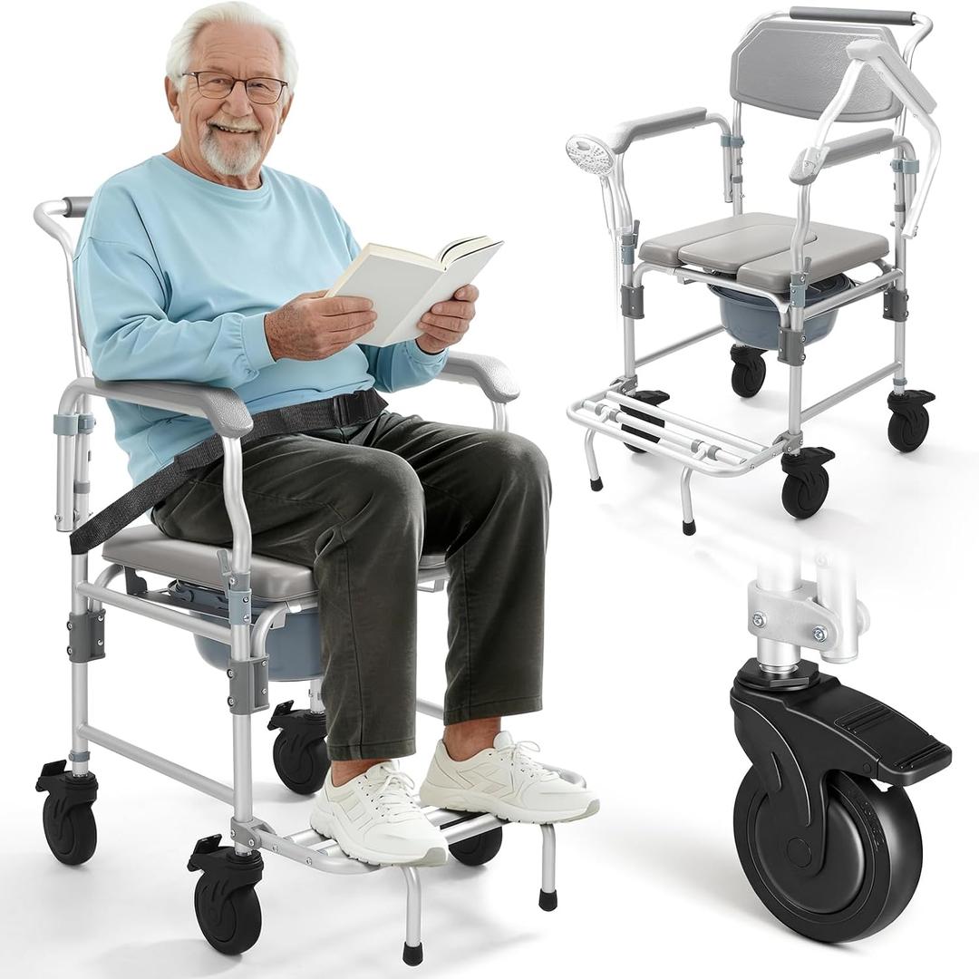 Shower Chair with Wheels & Commode for Elderly and Disabled