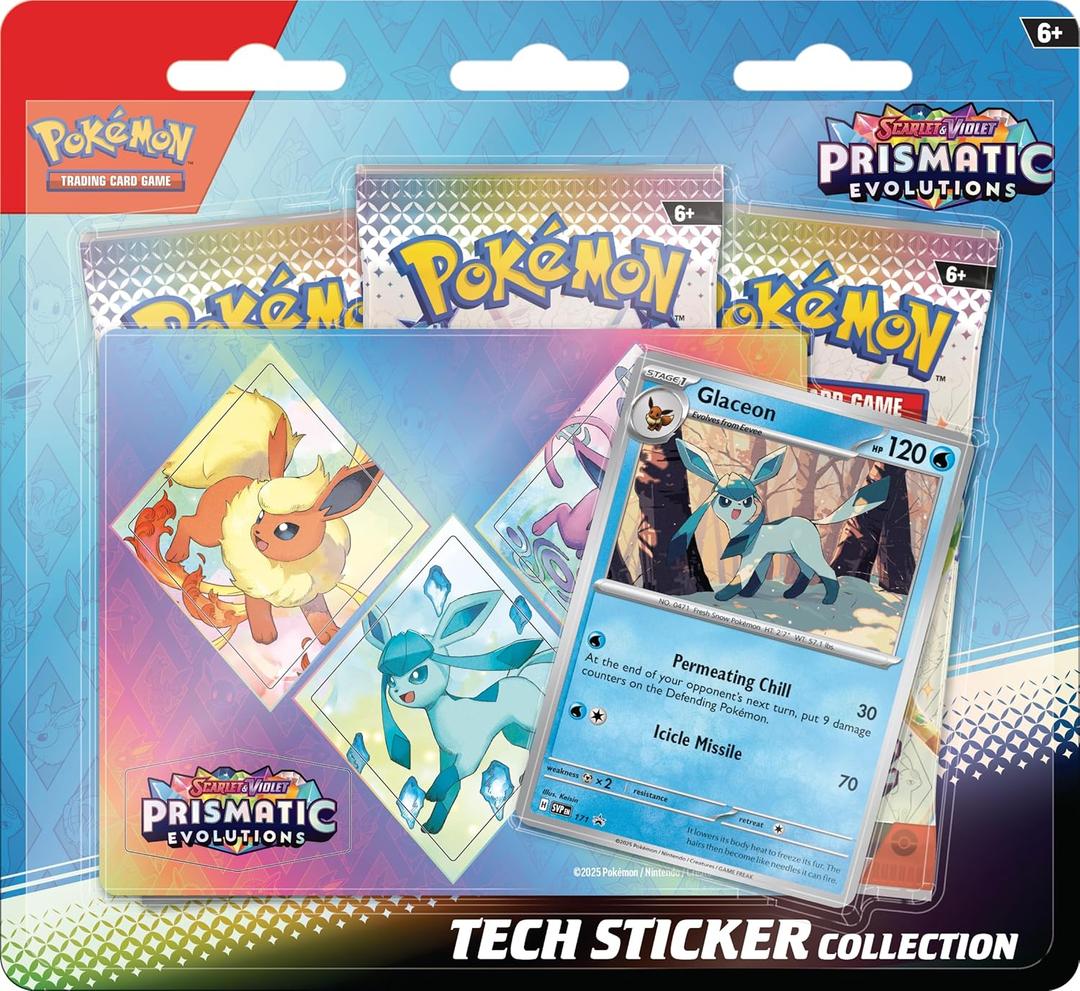 Pokemon TCG: Scarlet & VioletPrismatic Evolutions Tech Sticker Collection  Glaceon (1 Foil Promo Card & 3 Booster Packs)