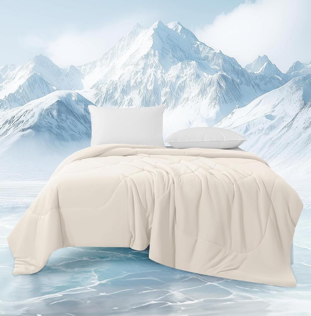 MASVIS Cooling Blankets for Hot Sleepers, Luxury Lightweight Cozy Soft Throw for Night Sweats Double Sided Breathable Blanket for Bed Couch Sofa, Q-Max 0.4 Cold Tech Ice Blanket, King(108"x90"), Beige