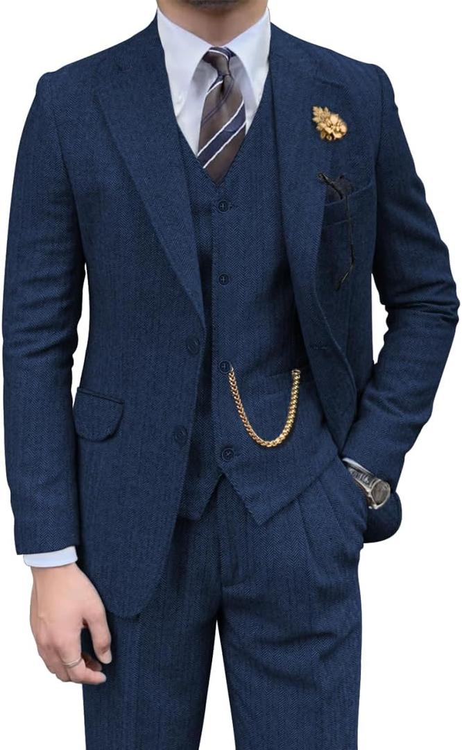 Retro Mens 3 Piece Suit Tweed Herringbone Slim Fit Suits Groomsmen Brown Tuxedos Set Prom Jacket Blazer Vest Pants for Men (XX-Large, Navy Blue)