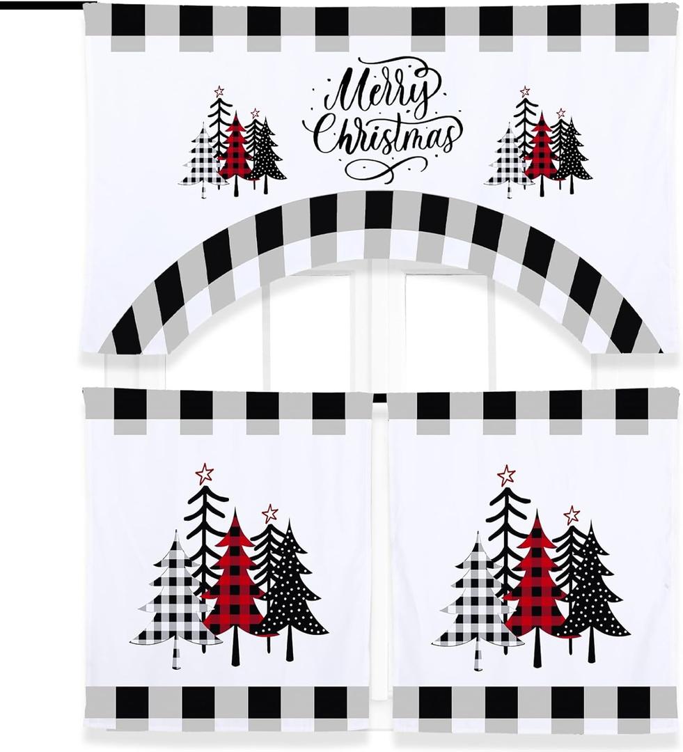 Ganeen 3 Piece Christmas Kitchen Curtain Set Kitchen Window Tier Curtains and Valance Buffalo Plaid Curtains Black and White Curtain Polyester Farmhouse Christmas Decoration (Tree)