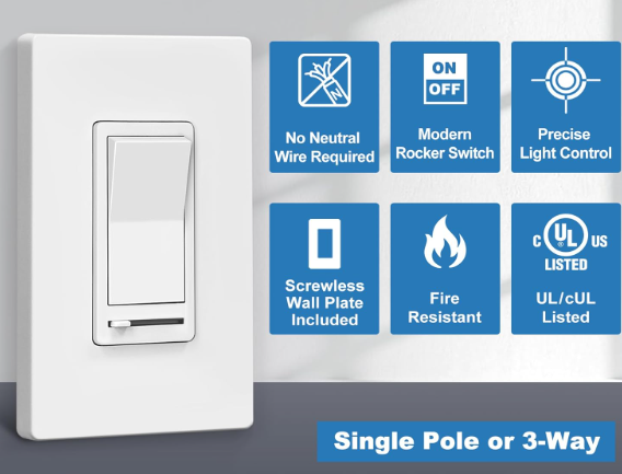 BESTTEN Dimmer Light Switch, for LED Dimmable Lamp, CFL, Incandescent, Halogen Bulb, Single Pole or 3-Way LED Slide Dimmer Switches, Screwless Wall Plate Included, UL Listed, White
