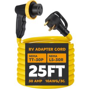 Kanayu 25ft 30 Amp RV Adapter RV Extension Cord with Locking Connector Plug NEMA TT-30P to L5-30R, Generator Extension Power Cord Adapter Plug with 90 Grip Handle, 10AWG/3C STW, ETL Listed