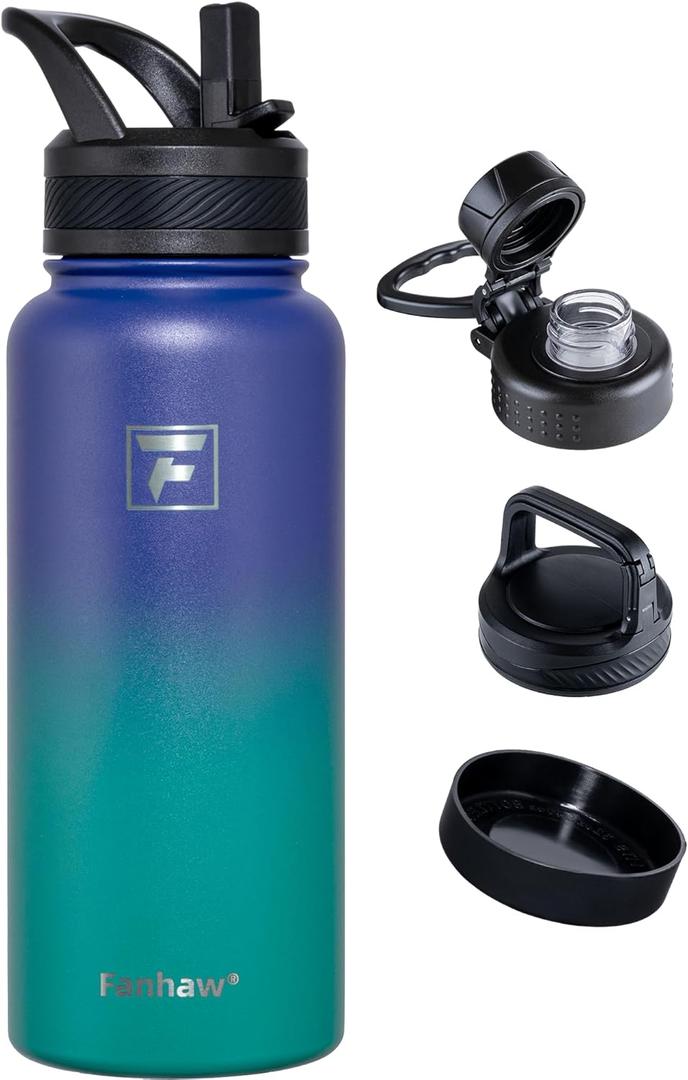 Fanhaw 32 oz Insulated Water Bottle Portable Stainless Steel Flask with 3 Lids (Straw, Spout, Carabiner) | Leakproof, for Gym, Hiking, Work, Travel & Everyday Use (Purple Green)