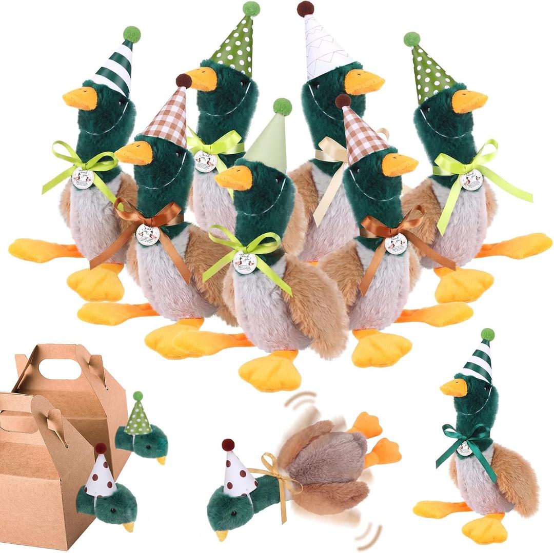6 Set Mallard Duck Stuffed Animals One Lucky Duck First Birthday Decoration Fluffy Mallard Party Favors with Hat Card Ribbon Cute Green Doll Gifts Bulk for Baby Shower Birthday Party