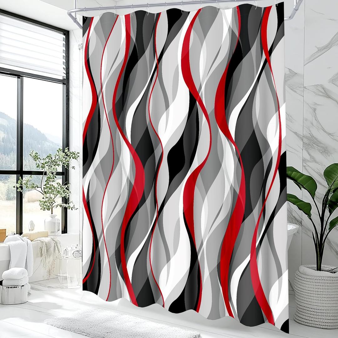 weesire Red and Grey Shower Curtain for Bathroom Red and Black Shower Curtain Fabric Modern Abstract Striped Minimalist Bath Curtains Waterproof Shower Curtains Set, Black Gray Red, 72 x 72 Inch