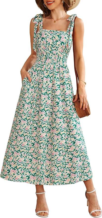 Zattcas Womens 2026 Summer Spaghetti Strap Floral Maxi Dress with Pockets Smocked Flowy Long Beach Vacation Sundresses, Medium