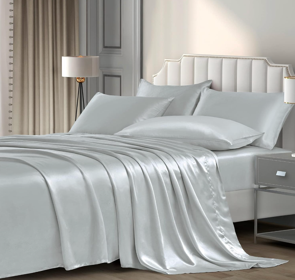P Pothuiny 6 Pieces Queen Satin Sheets Luxury Silky Black Satin Bedding Sheet Set, 1 Deep Pocket Fitted Sheet + 1 Flat Sheet + 4 Pillow Cases, Grey