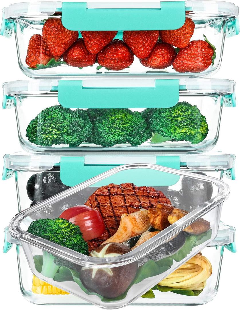 [5-Packs, 36 Oz.] Glass Meal Prep Containers with Locking Lids Glass Food Containers, Airtight Lunch Container, Microwave, Oven, Freezer and Dishwasher (4.5 Cup, Green)