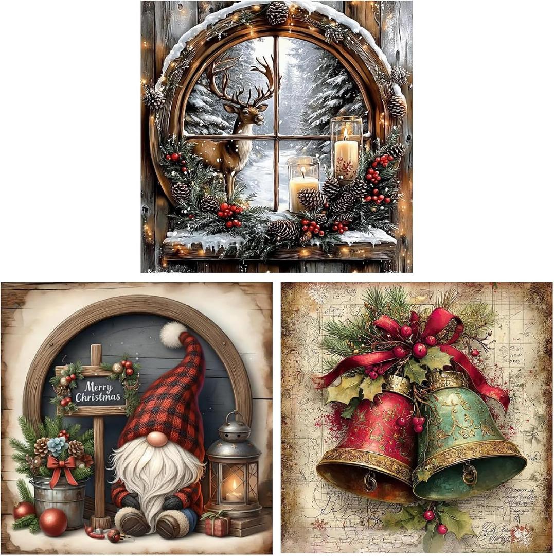 3 Pack Christmas Diamond Art Kits for Adults,Deer Gnome Bells Diamond Painting Kits for Adults,5D Full Drill DIY Diamond Dot Gem Art Kits Wall Home Decor Arts Craft 12X12 inch