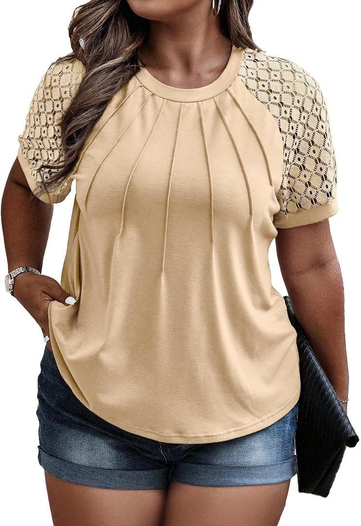 Eytino Plus Size Tops for Women Summer Lace Short Sleeve Crewneck Loose Casual Blouse Tunic T Shirts(1X)