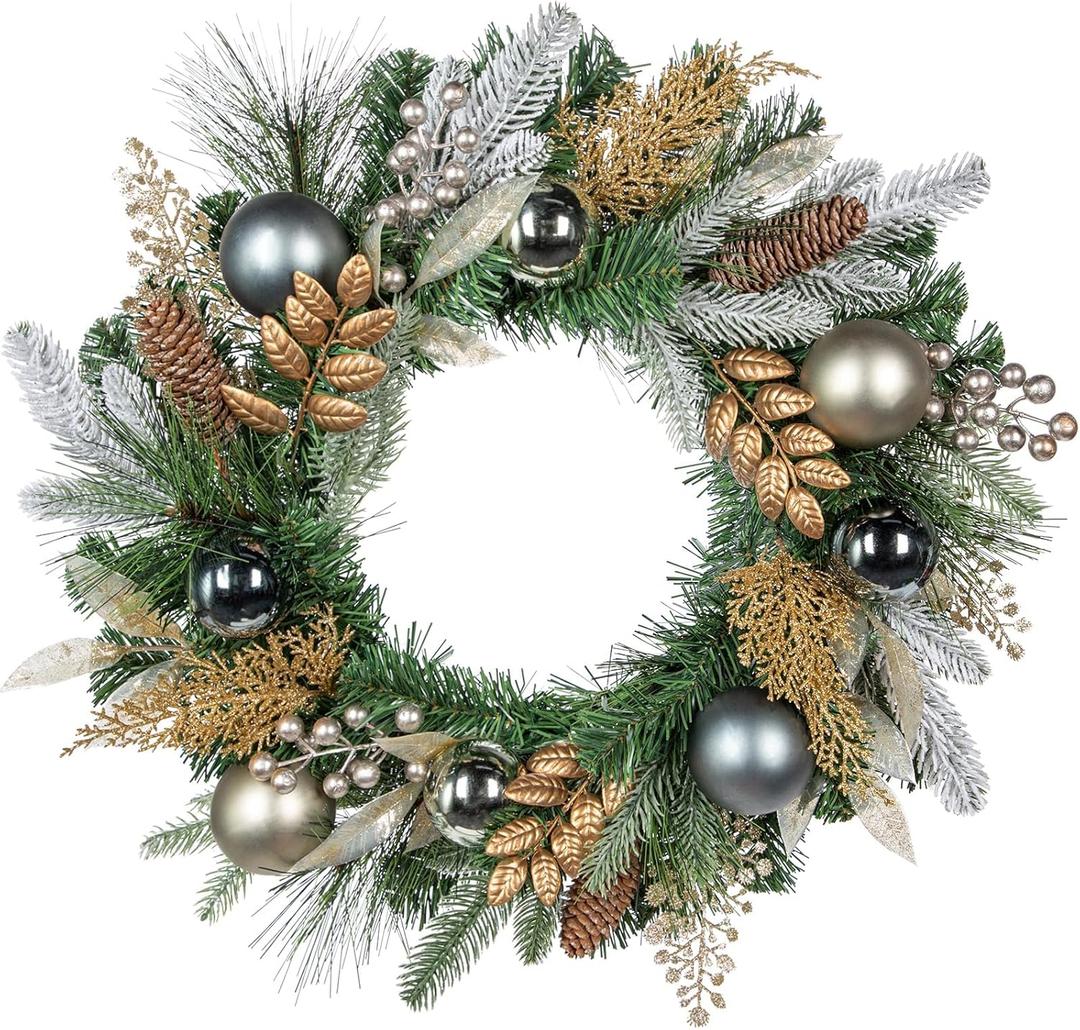 20 inch Christmas Door Wreath, Norfolk Pine Wreaths for Front Door with Silver Ball Glittered Leaf Spray Stems Pinecones Berries for Fireplace Xmas Decorations, Wall Window Indoor Outdoor Decor