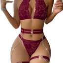 Sexy Halter Heart Ring Cutout Chain Floral Lace Sheer Garter Belt Lingerie Set 3 Piece Medium