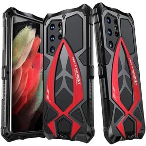 Armor Phone Case for Samsung Galaxy S22 Ultra Military Grade Drop Protection Cover S22Ultra 5G Heavy Duty Hybrid Metal Bumper Built-in Silicone Shockproof Dustproof - Black + Red