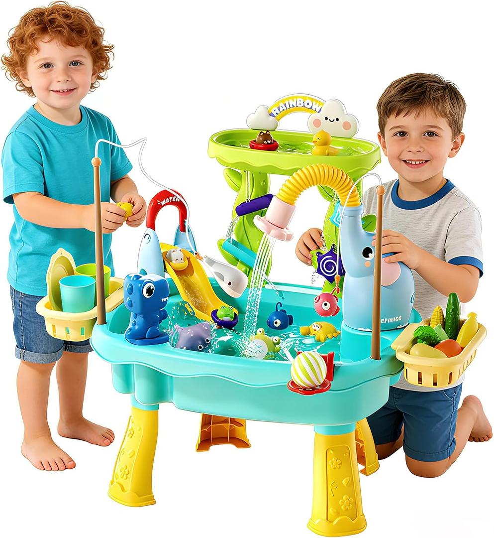 2027 Upgraded Toddler Sand Water Table Toy with Electric Water Pump, Kids Sand Water with Faucet/Play Food Accessories/Fishing Toy, Kitchen Play Sink Toys for Girl Boy Age 3+ (Blue)