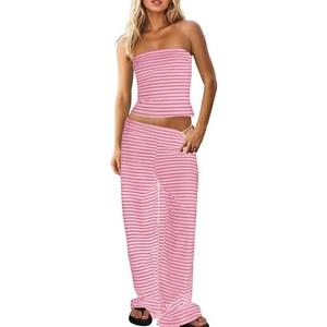 Fnortc Womens Striped Tube Top Low Waist Wide Leg Pants Set Summer Beach Fashion Trendy Two Piece Y2K Outfits Small Fnortc Womens Striped Tube Top Low Waist Wide Leg Pants Set Summer Beach Fashion Trendy Two Piece Y2K Outfits Small