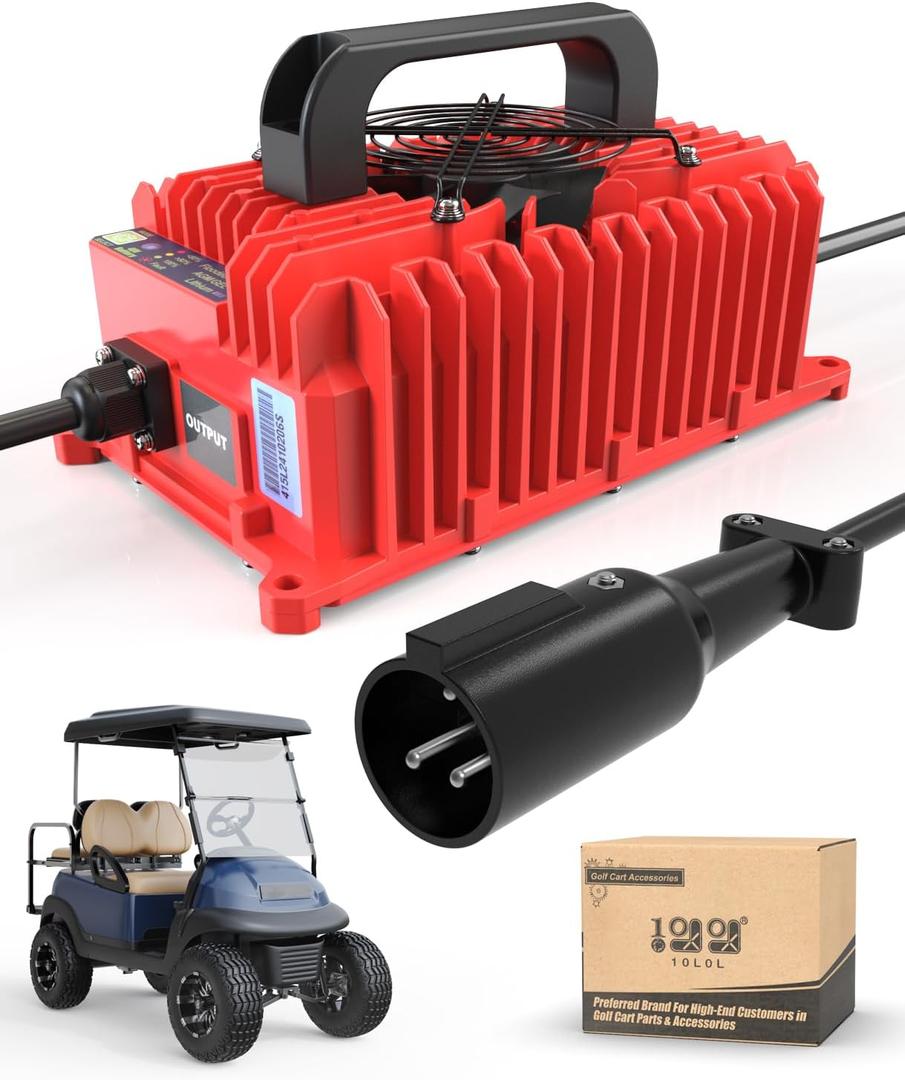 10L0L Golf Cart Battery Charger 15A 48V for Club Car DS/Precedent 3-Pin Round Plug, IP68, Smart Technology Golf Cart Battery Charger, Trickle Charge (RED)