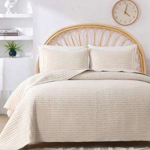HIARUO Quilt Set Queen Size, 3 Pieces Bedspread Coverlet Comforter Set Lightweight Thin Bedding Blanket with 2 Pillow Covers Shams Modern Full Cover for All Season, Beige Cream Star Pattern (Queen(90 x 90))