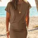 Wenrine Womens Summer Mini Dress 2026 Casual Short Sleeve Crewneck Beach Vacation Ruched Bodycon T Shirt Dresses (Beige, S)