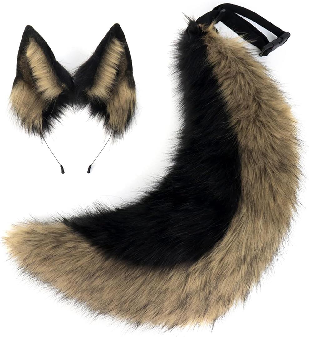 Faux Fur Wolf Ears Headband & Furry Tail Set Realistic Wolf Costume Accessories for Halloween, Cosplay,Parties